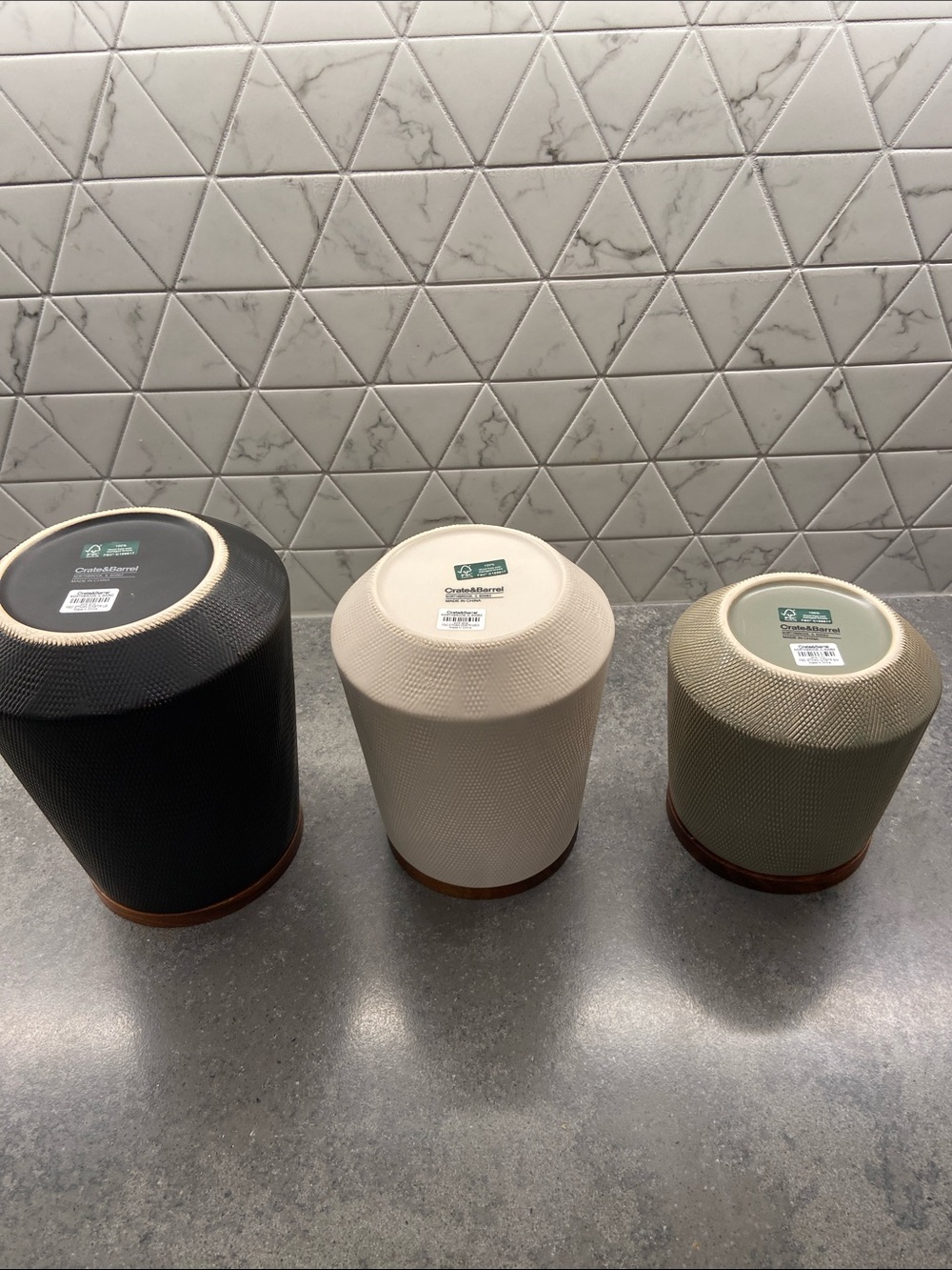 NWT Crate & Barrel 3 Ceramic Canisters with Wood Lids - Picture 2 of 4